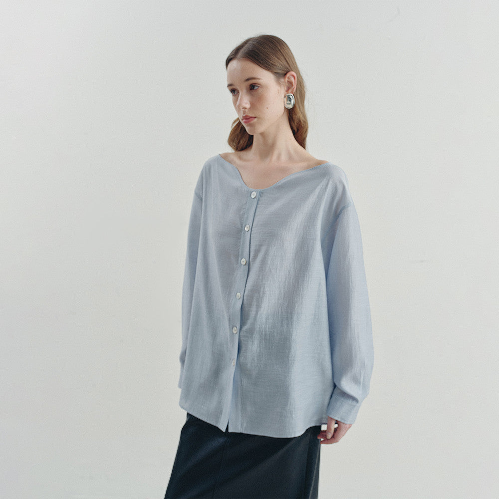 Sometimes the pearl light texture with a wavy collar and flowing ribbons exudes a blue shirt and top for women image 2