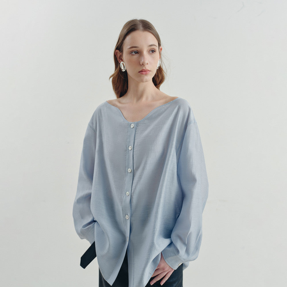 Sometimes the pearl light texture with a wavy collar and flowing ribbons exudes a blue shirt and top for women image 3