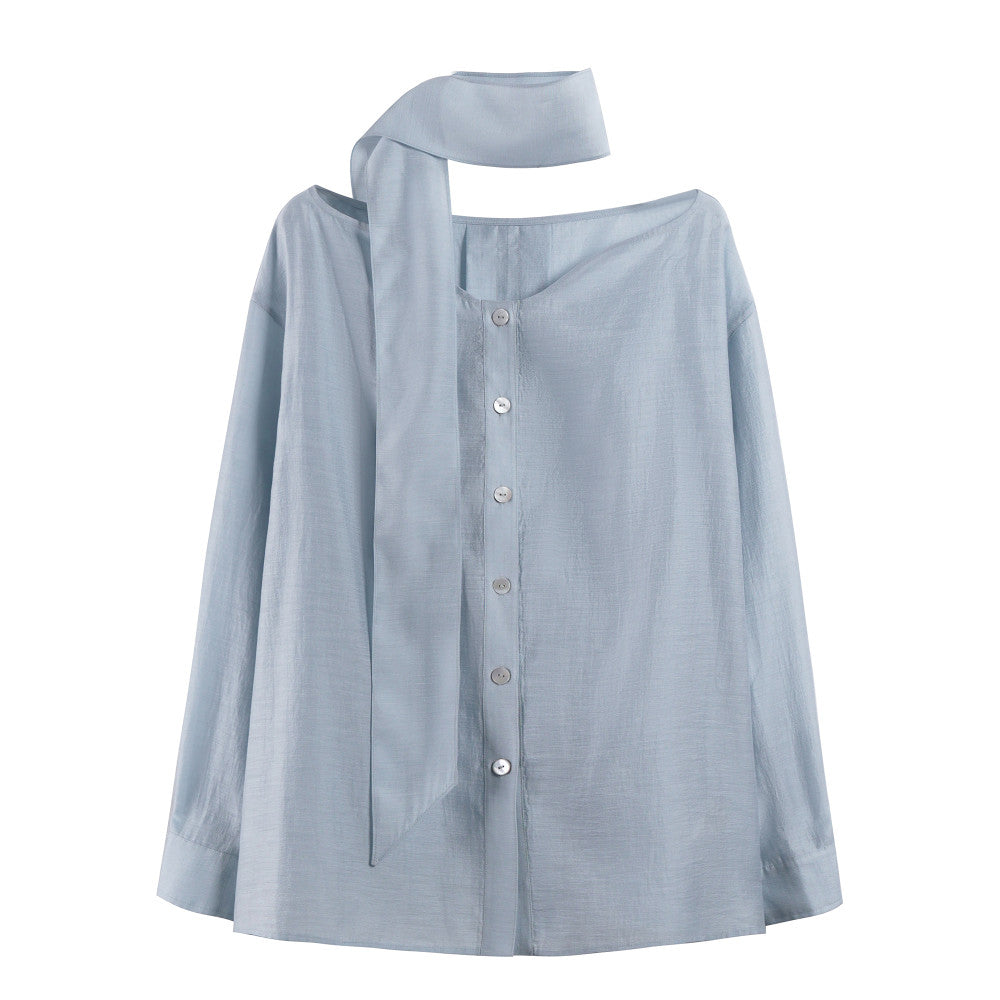 Sometimes the pearl light texture with a wavy collar and flowing ribbons exudes a blue shirt and top for women image 10