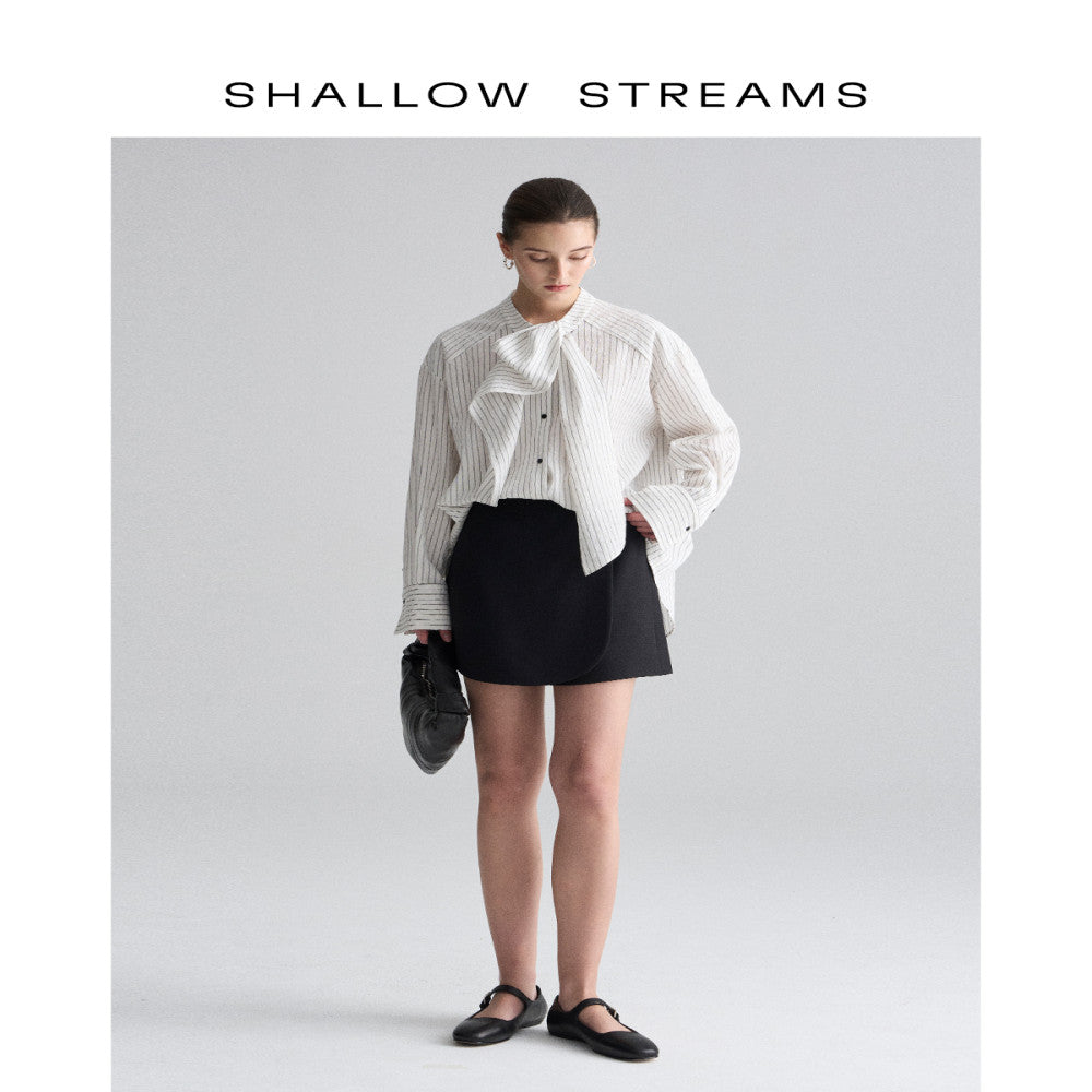 Pear dimpled sea design niche striped stand collar ribbon shirt women s long sleeves stylish loose chic top shirt image 5