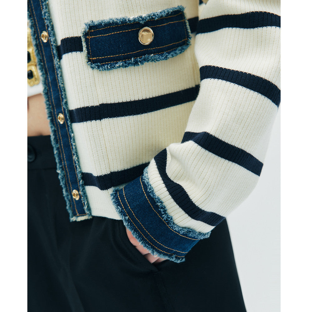 In stock Counter style same source Denim splicing Chanel style round neck boxy slim striped knitted open sweater jacket for women image 3