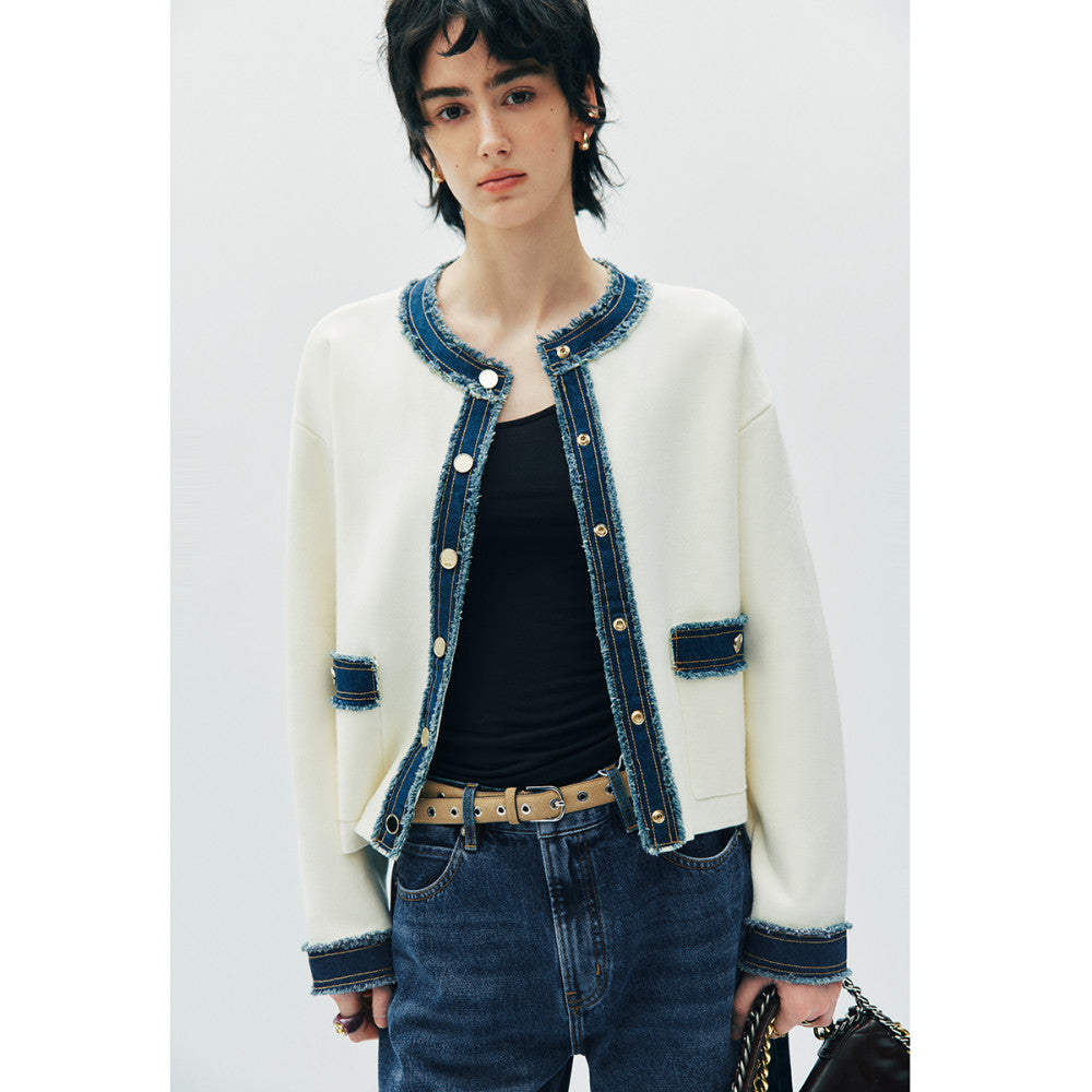 In stock Counter style same source Denim splicing Chanel style round neck boxy slim striped knitted open sweater jacket for women image 4