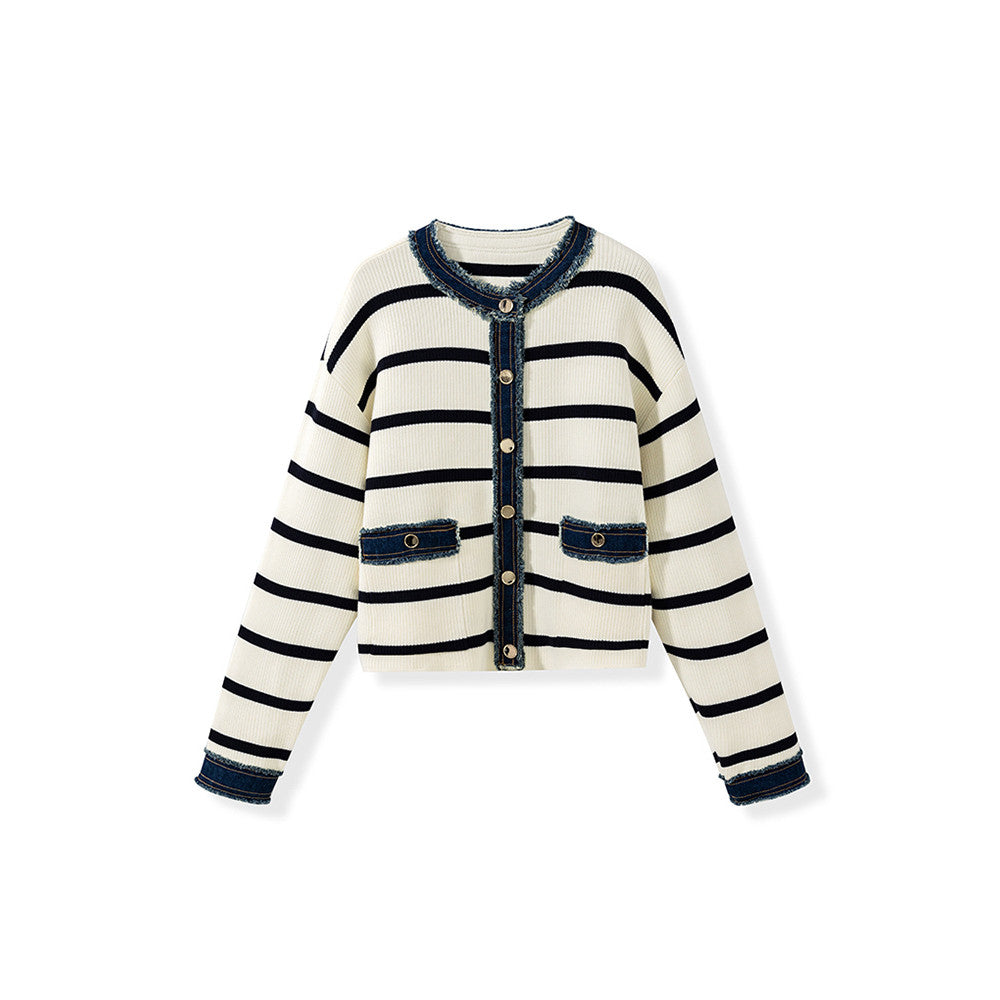 In stock Counter style same source Denim splicing Chanel style round neck boxy slim striped knitted open sweater jacket for women image 5