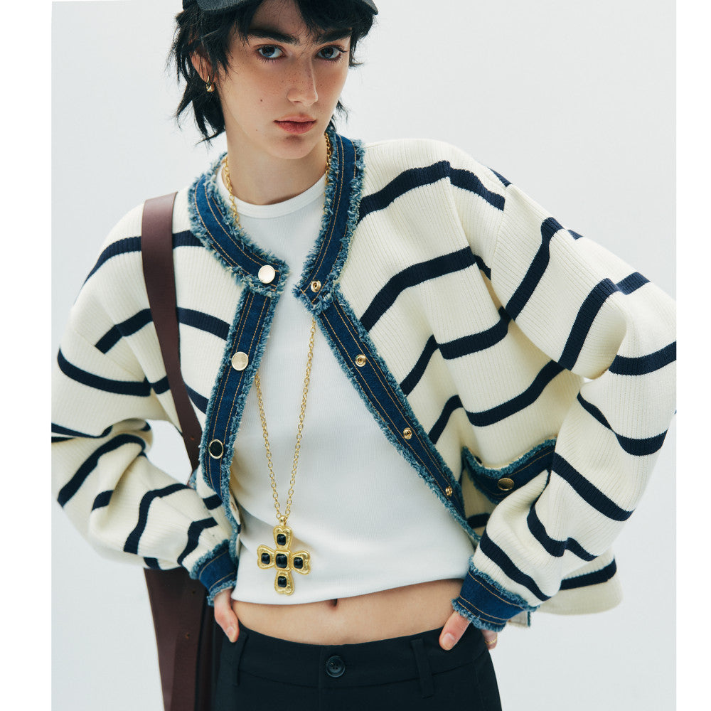 In stock Counter style same source Denim splicing Chanel style round neck boxy slim striped knitted open sweater jacket for women image 0