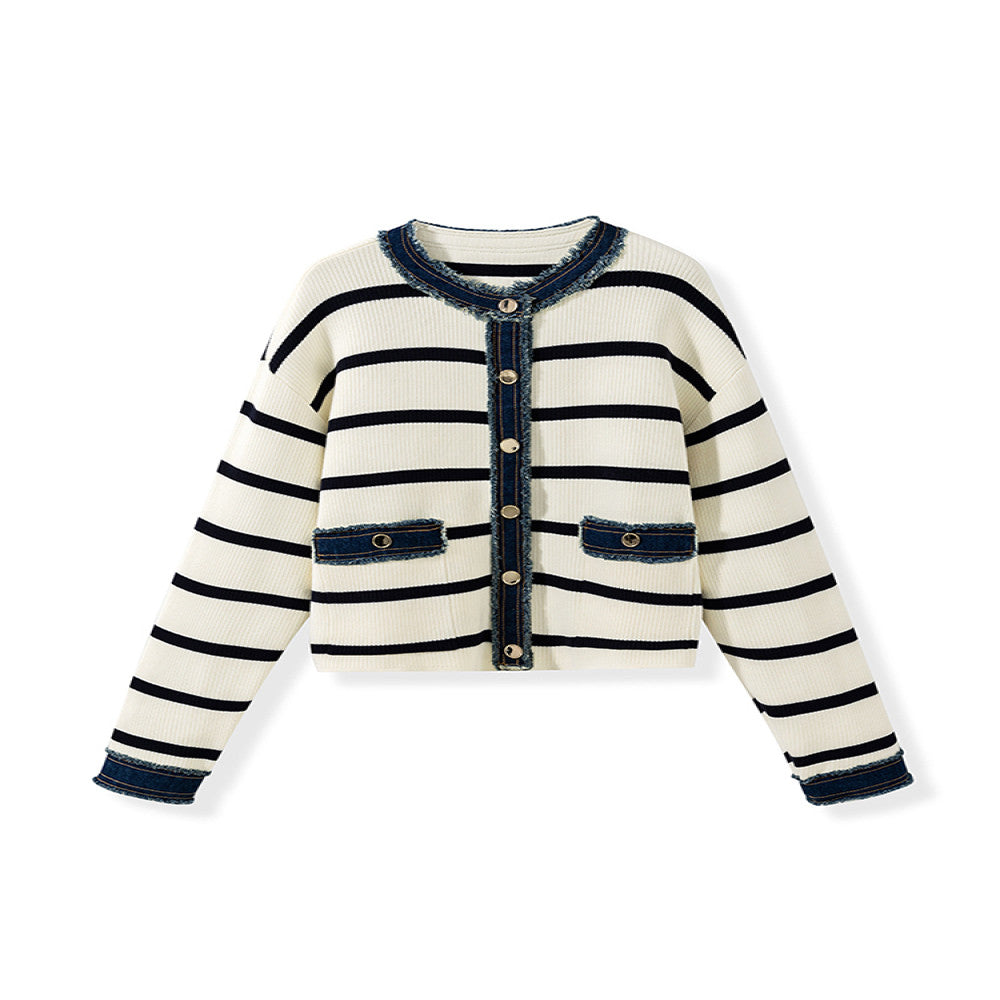 In stock Counter style same source Denim splicing Chanel style round neck boxy slim striped knitted open sweater jacket for women image 7