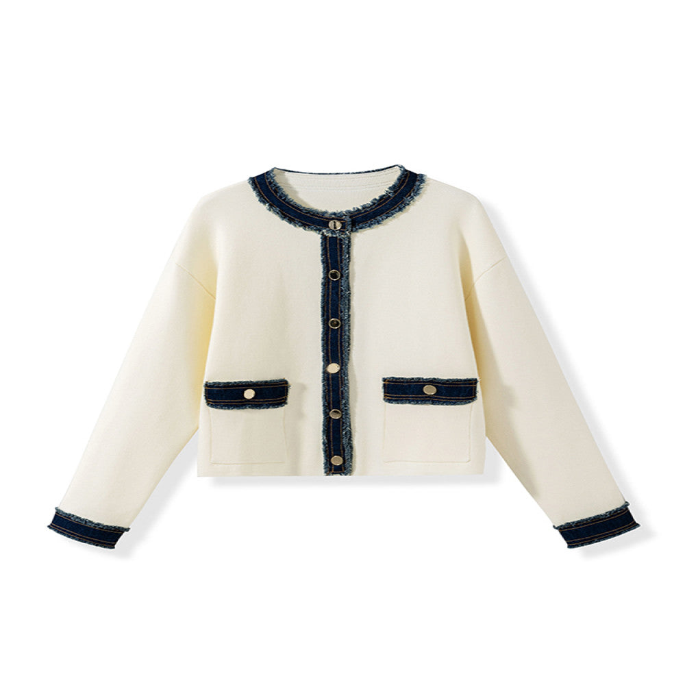 In stock Counter style same source Denim splicing Chanel style round neck boxy slim striped knitted open sweater jacket for women image 14