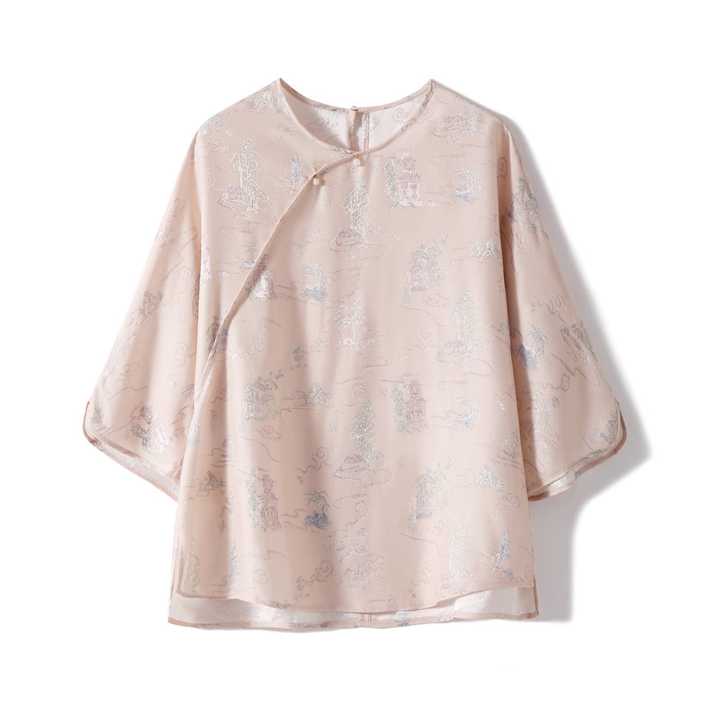 Xiaohan Pavilion Spring 2025 New Products Pavilion Terrace Pavilion Chinese Style New Chinese Style Mulberry Silk Silk Top for Women image 5