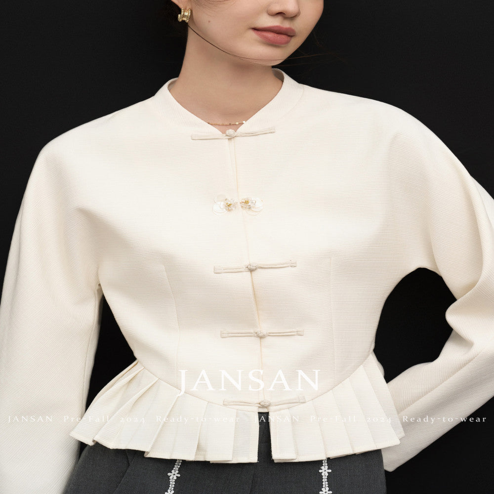 JANSAN acetate textured stand up cut small collar with cinched waist and pleated hem new Chinese style top short jacket image 24