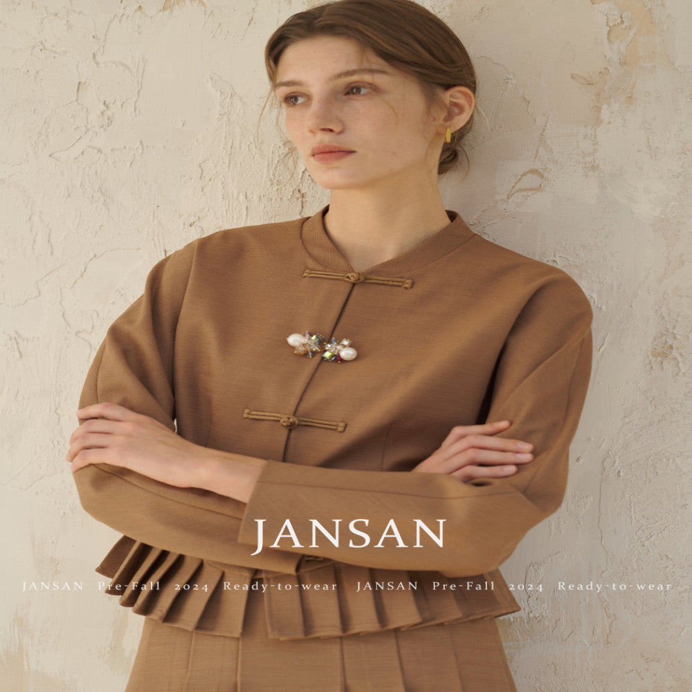 JANSAN acetate textured stand up cut small collar with cinched waist and pleated hem new Chinese style top short jacket image 25
