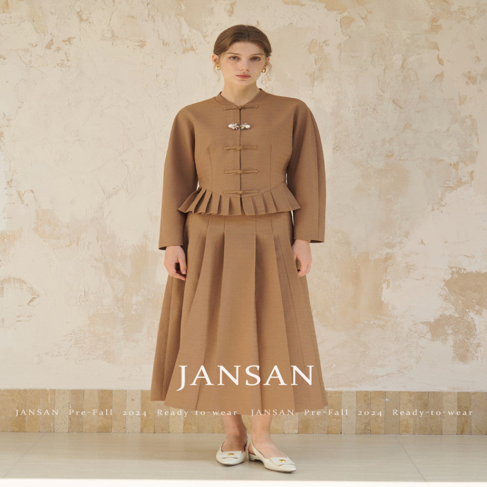 JANSAN acetate textured stand up cut small collar with cinched waist and pleated hem new Chinese style top short jacket image 27