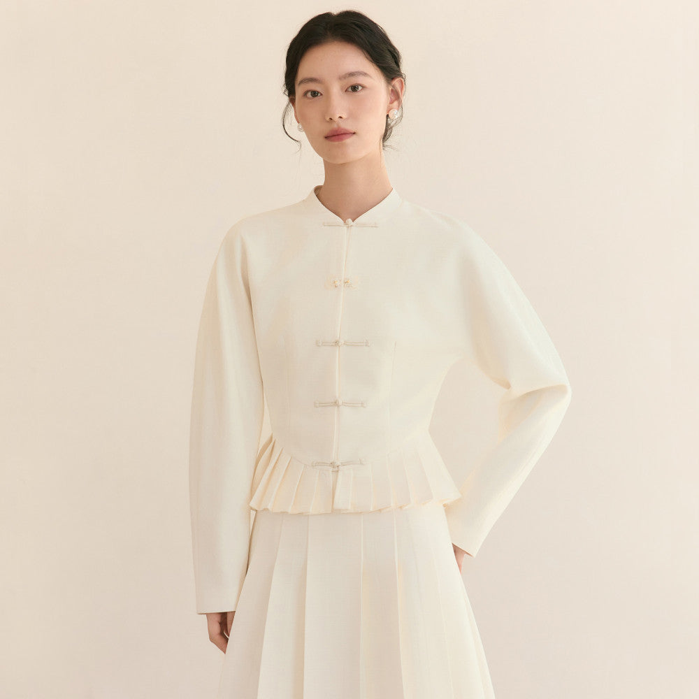 JANSAN acetate textured stand up cut small collar with cinched waist and pleated hem new Chinese style top short jacket image 29