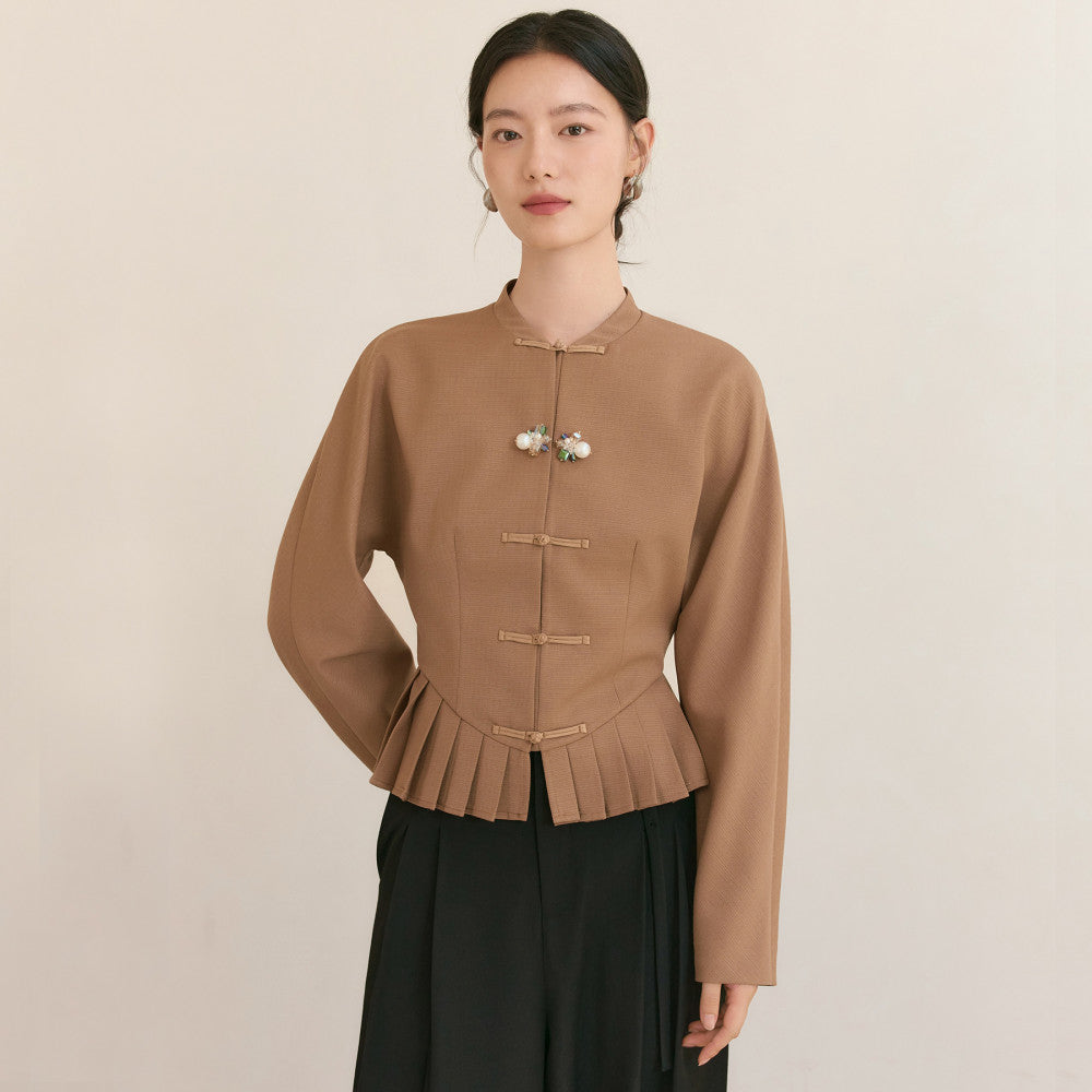 JANSAN acetate textured stand up cut small collar with cinched waist and pleated hem new Chinese style top short jacket image 6