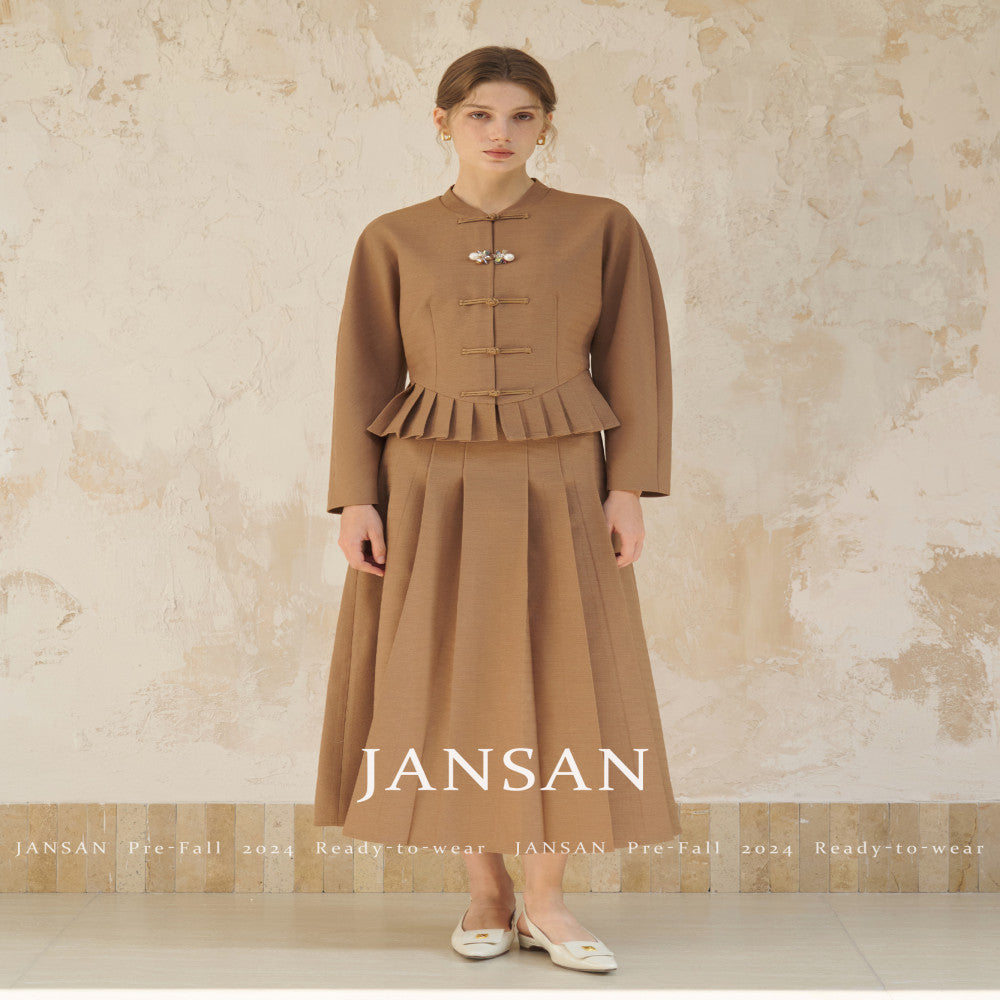 JANSAN acetate textured stand up cut small collar with cinched waist and pleated hem new Chinese style top short jacket image 20