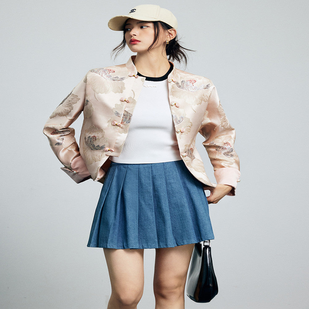 Spot national color Tianxiang new Chinese style standing collar loose silhouette folded sleeves peony flower satin jacquard embroidery jacket image 3