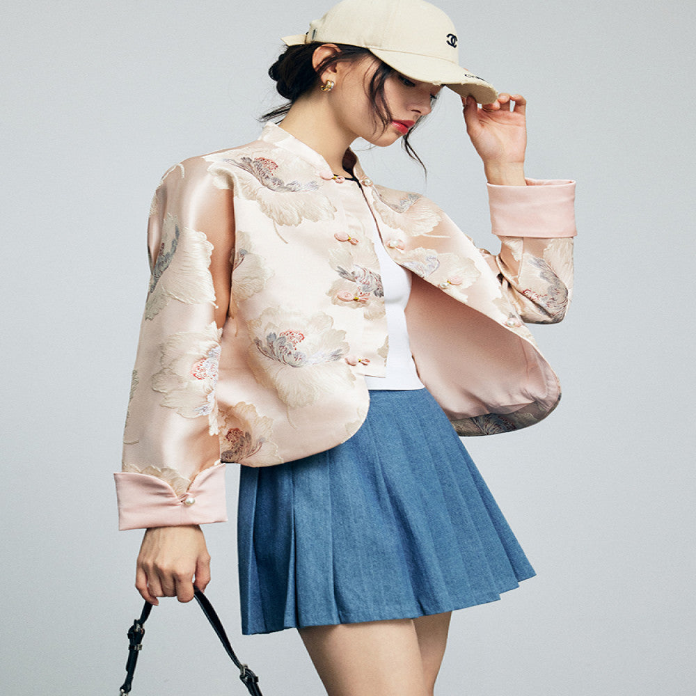 Spot national color Tianxiang new Chinese style standing collar loose silhouette folded sleeves peony flower satin jacquard embroidery jacket image 0