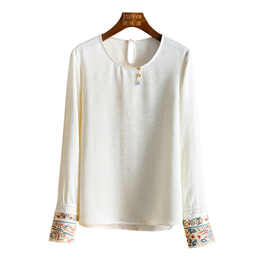 New Chinese Jacquard Unique Tassel Shirt for Women in Autumn 2025 New Product White Cuffs Embroidered Long Sleeve Versatile Top image 7