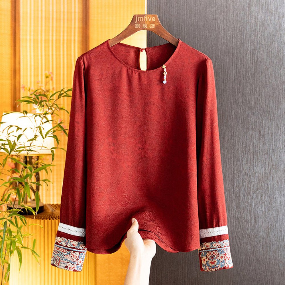 New Chinese Jacquard Unique Tassel Shirt for Women in Autumn 2025 New Product White Cuffs Embroidered Long Sleeve Versatile Top image 36