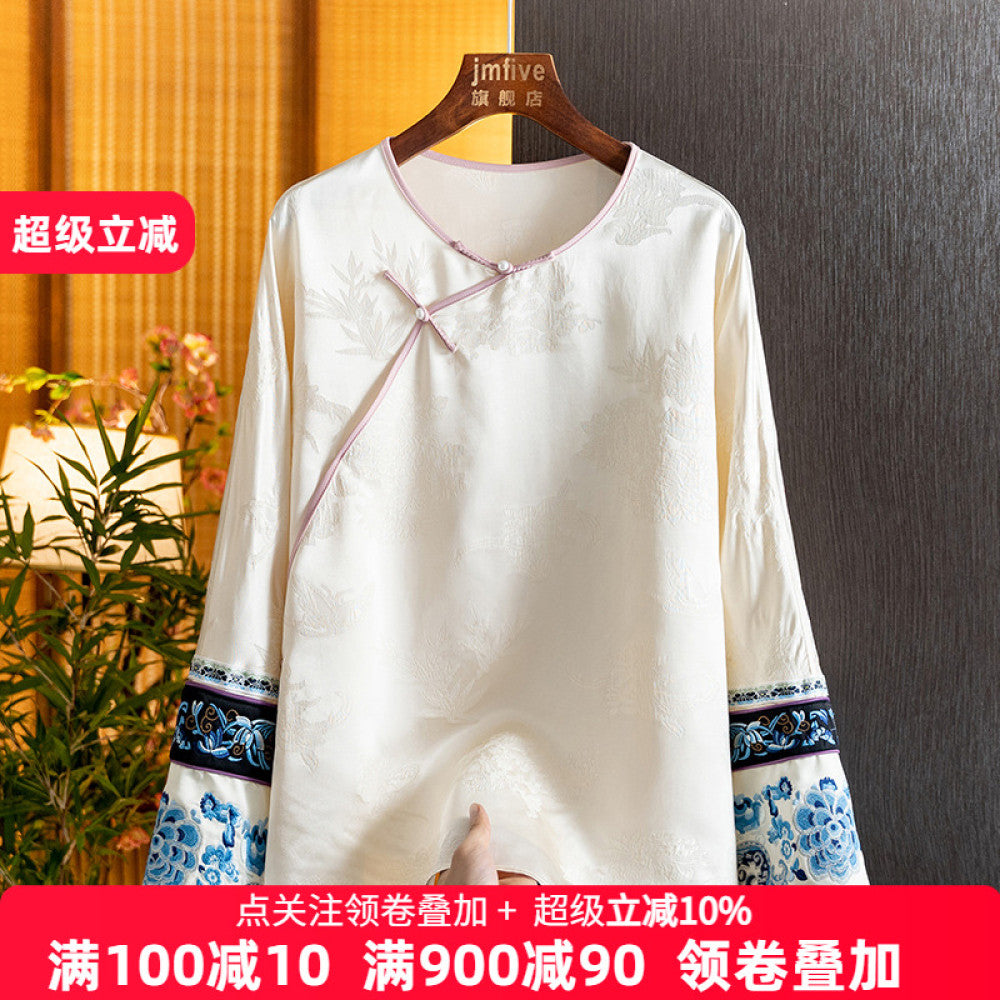 New Chinese style silk versatile embroidered shirt for women in the spring of 2025 with a retro style and slanted collar button top image 1