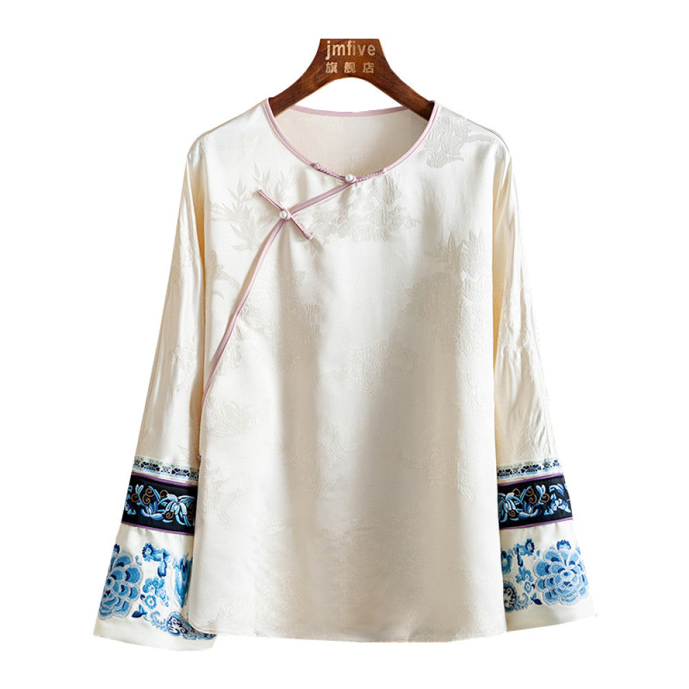 New Chinese style silk versatile embroidered shirt for women in the spring of 2025 with a retro style and slanted collar button top image 6