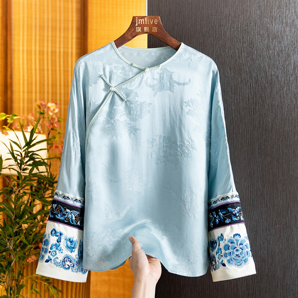 New Chinese style silk versatile embroidered shirt for women in the spring of 2025 with a retro style and slanted collar button top image 25
