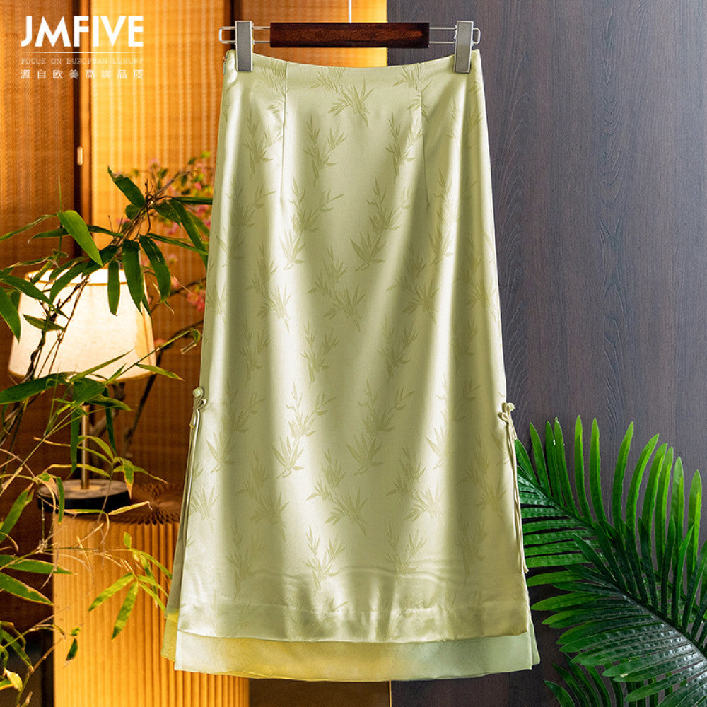 Satin acetate silk Chinese style half skirt for women in spring and summer 2025 new Chinese bamboo leaf jacquard plate buckle long skirt for women image 2