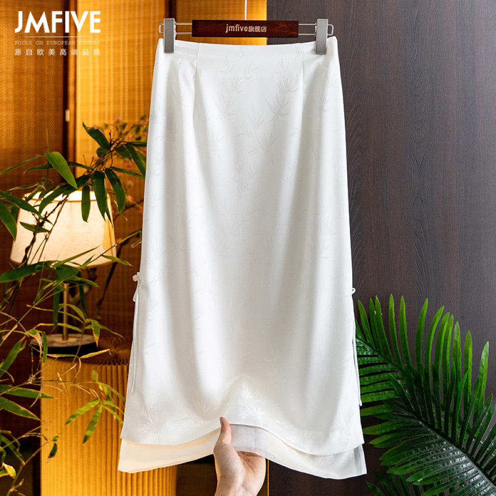 Satin acetate silk Chinese style half skirt for women in spring and summer 2025 new Chinese bamboo leaf jacquard plate buckle long skirt for women image 3