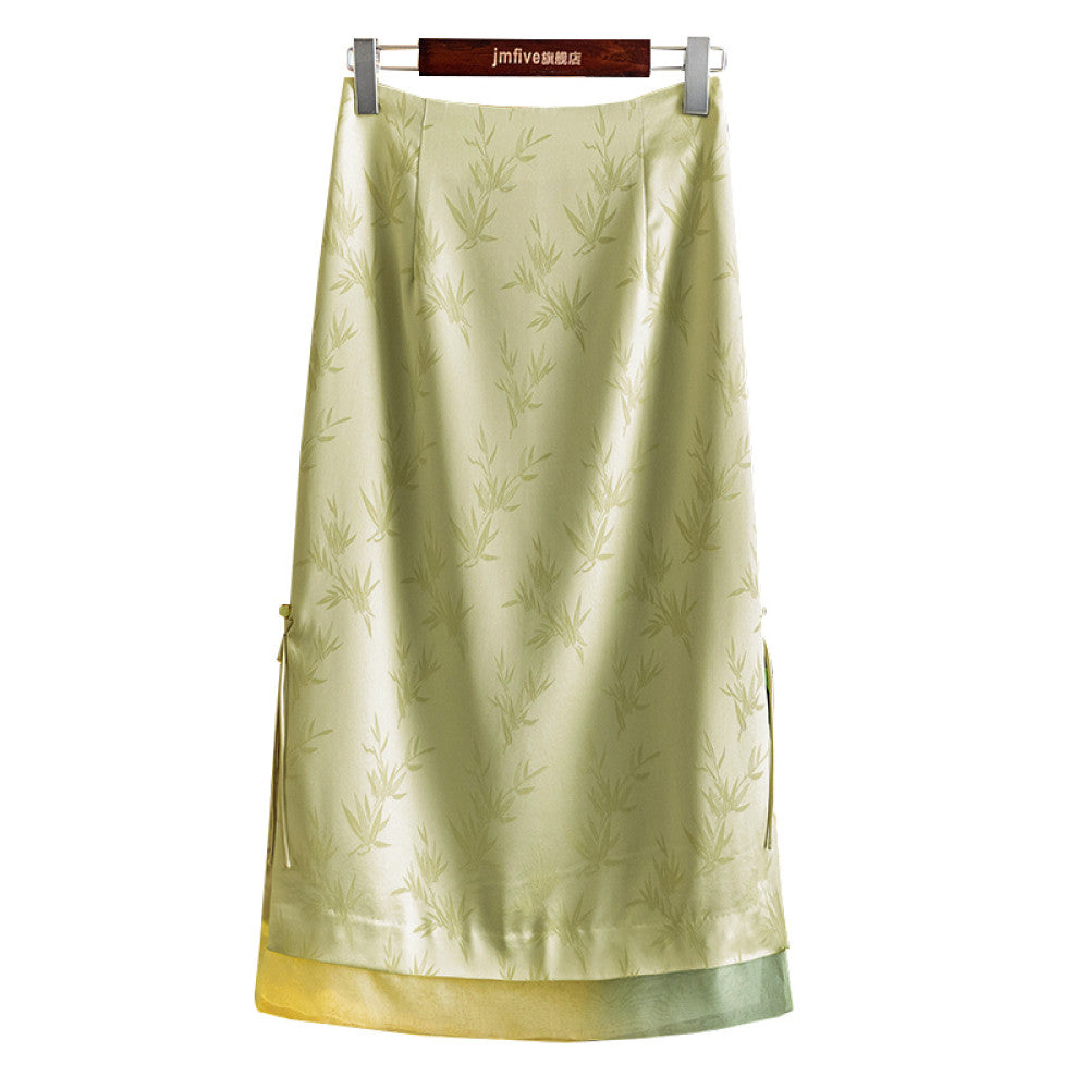 Satin acetate silk Chinese style half skirt for women in spring and summer 2025 new Chinese bamboo leaf jacquard plate buckle long skirt for women image 7