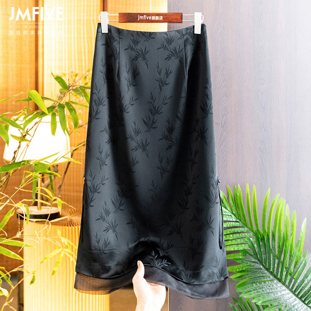 Satin acetate silk Chinese style half skirt for women in spring and summer 2025 new Chinese bamboo leaf jacquard plate buckle long skirt for women image 34