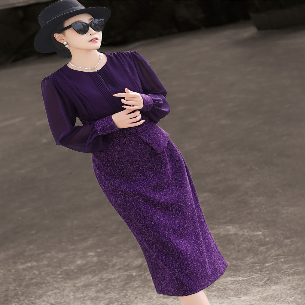 Lanser 2025 Autumn New Style Elegant Lady Fake Two Piece Splicing Long Sleeve Slimming Purple Dress for Women image 2