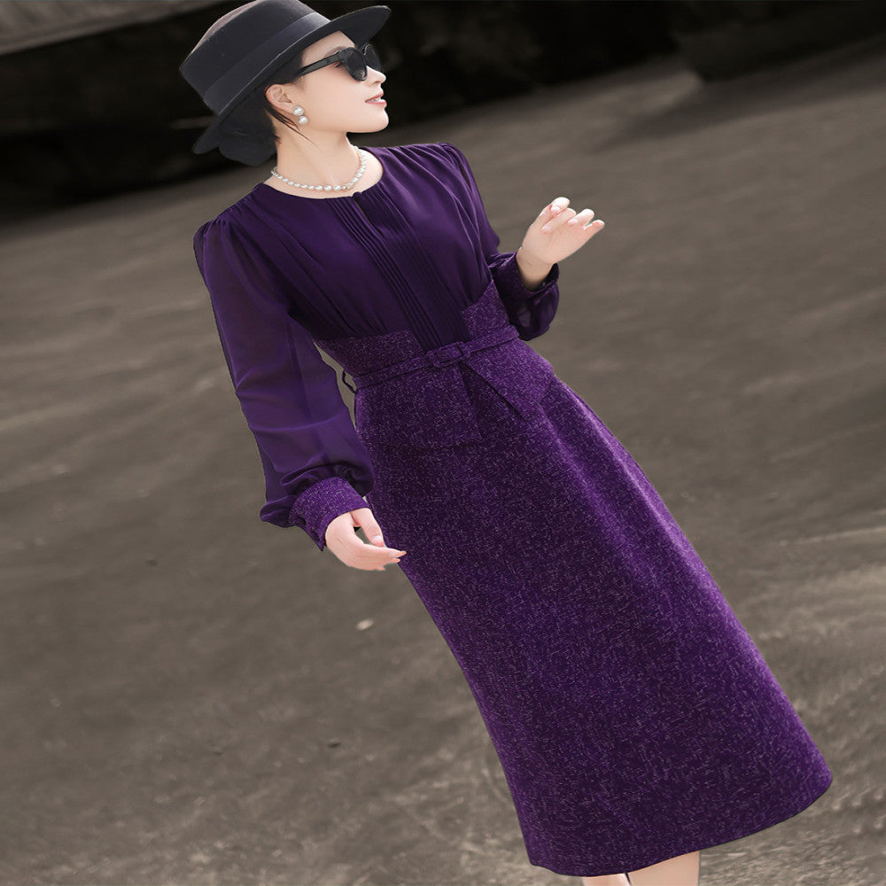Lanser 2025 Autumn New Style Elegant Lady Fake Two Piece Splicing Long Sleeve Slimming Purple Dress for Women image 3