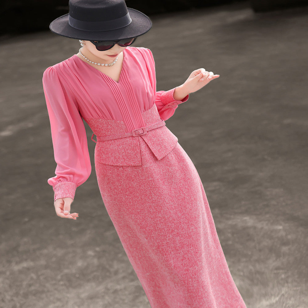 Lanser 2025 Autumn New Style Elegant Lady Fake Two Piece Splicing Long Sleeve Slimming Purple Dress for Women image 5