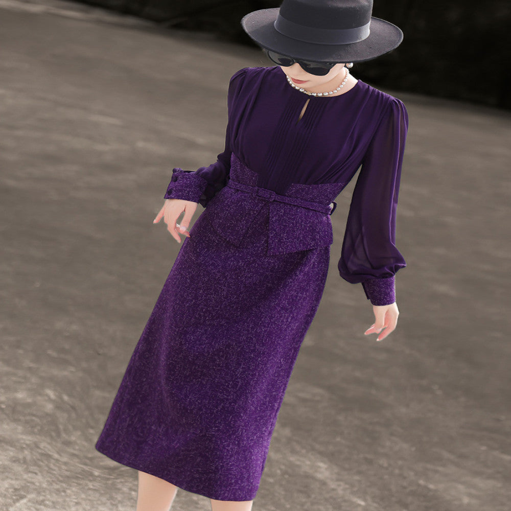Lanser 2025 Autumn New Style Elegant Lady Fake Two Piece Splicing Long Sleeve Slimming Purple Dress for Women image 10