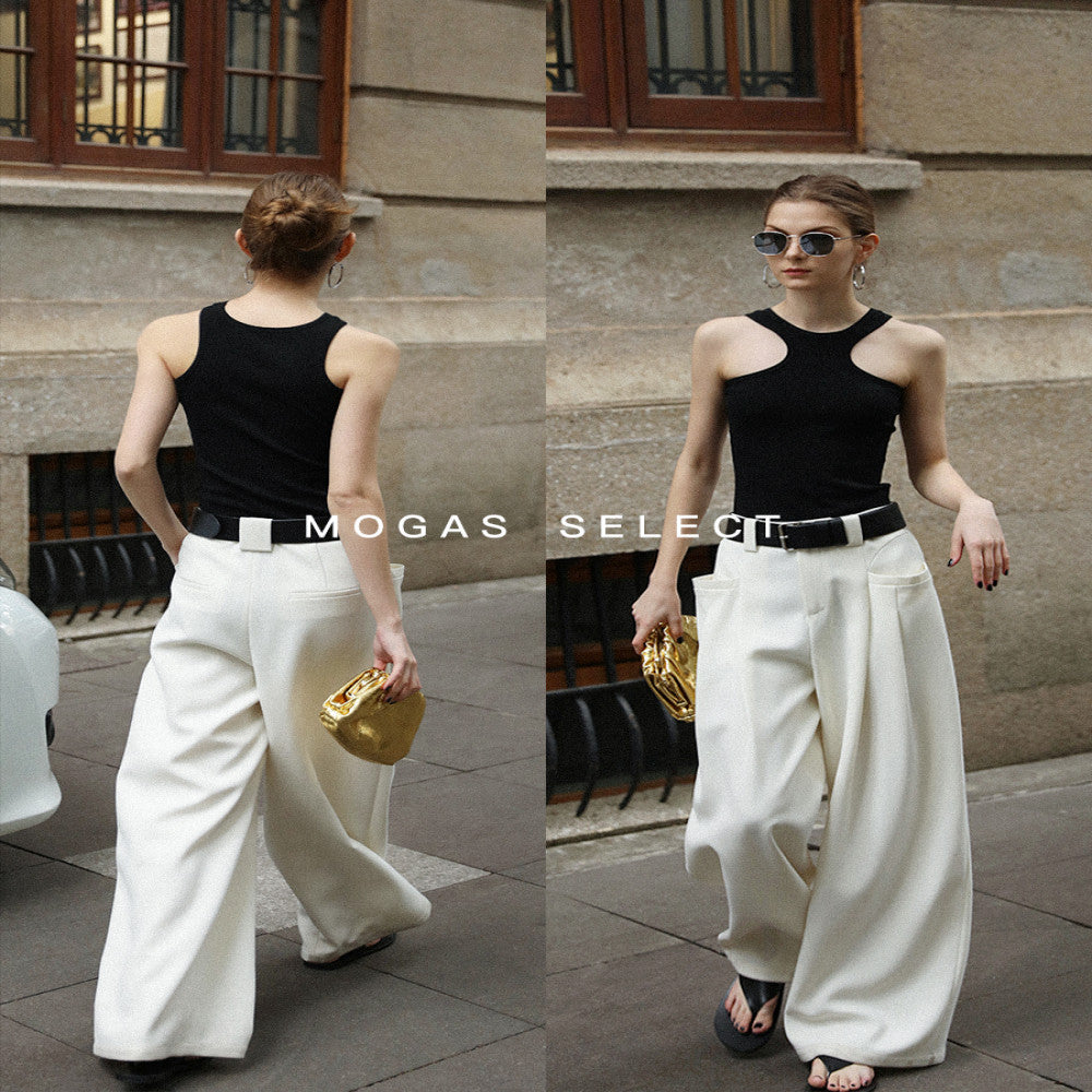 Ready Stock Mogas Long Legs Artifact Fashionable Double Pleated Design Large Pocket Wide Leg Pants Women Spring and Autumn Free PU Belt image 23