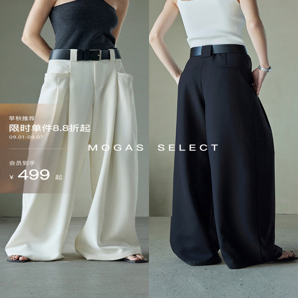 Ready Stock Mogas Long Legs Artifact Fashionable Double Pleated Design Large Pocket Wide Leg Pants Women Spring and Autumn Free PU Belt image 0