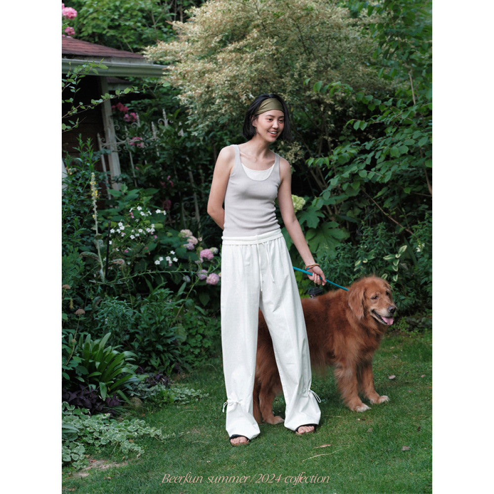 Beerkun s versatile young u0026chill bamboo cotton linen loose straight leg drawstring details casual pants in this issue image 1