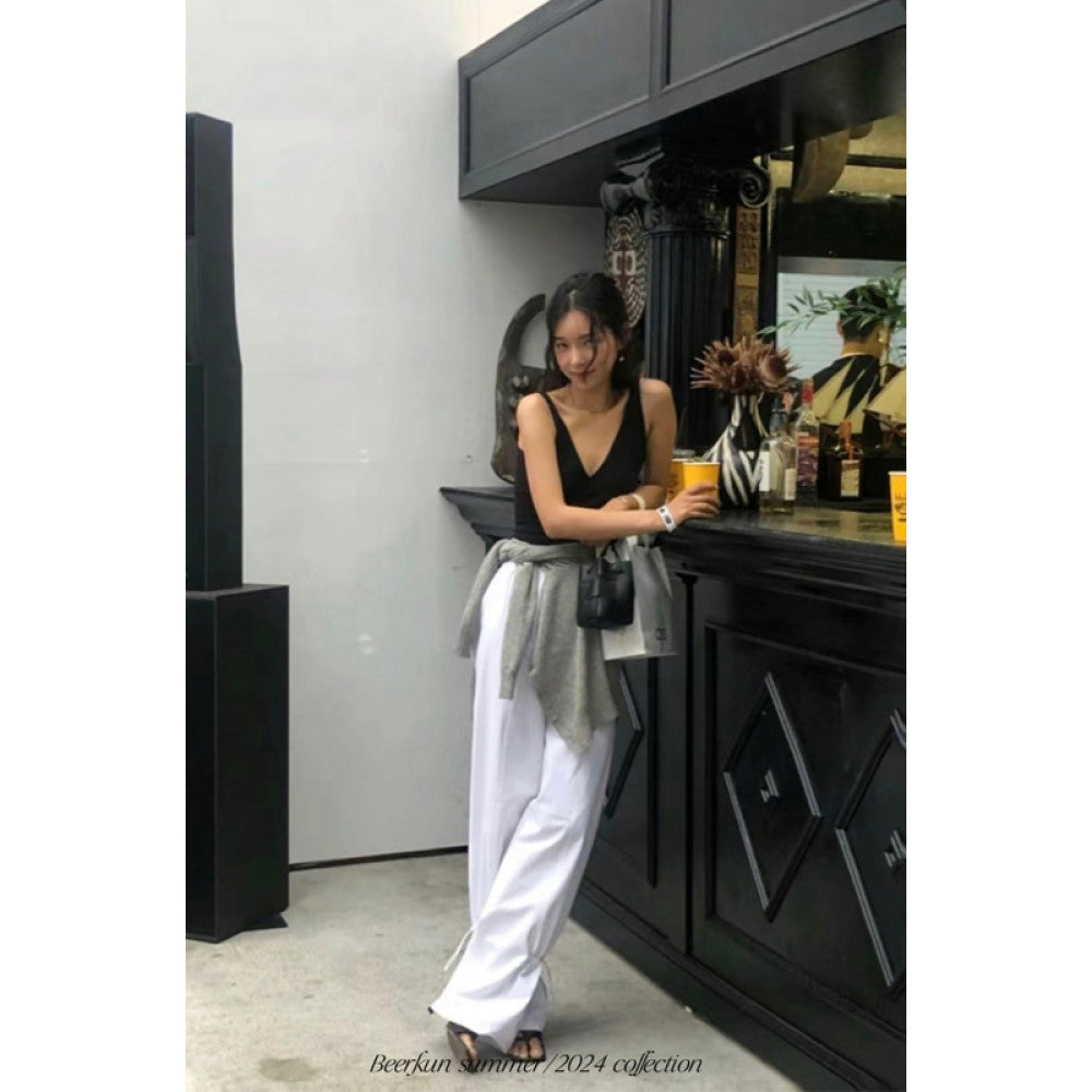 Beerkun s versatile young u0026chill bamboo cotton linen loose straight leg drawstring details casual pants in this issue image 2