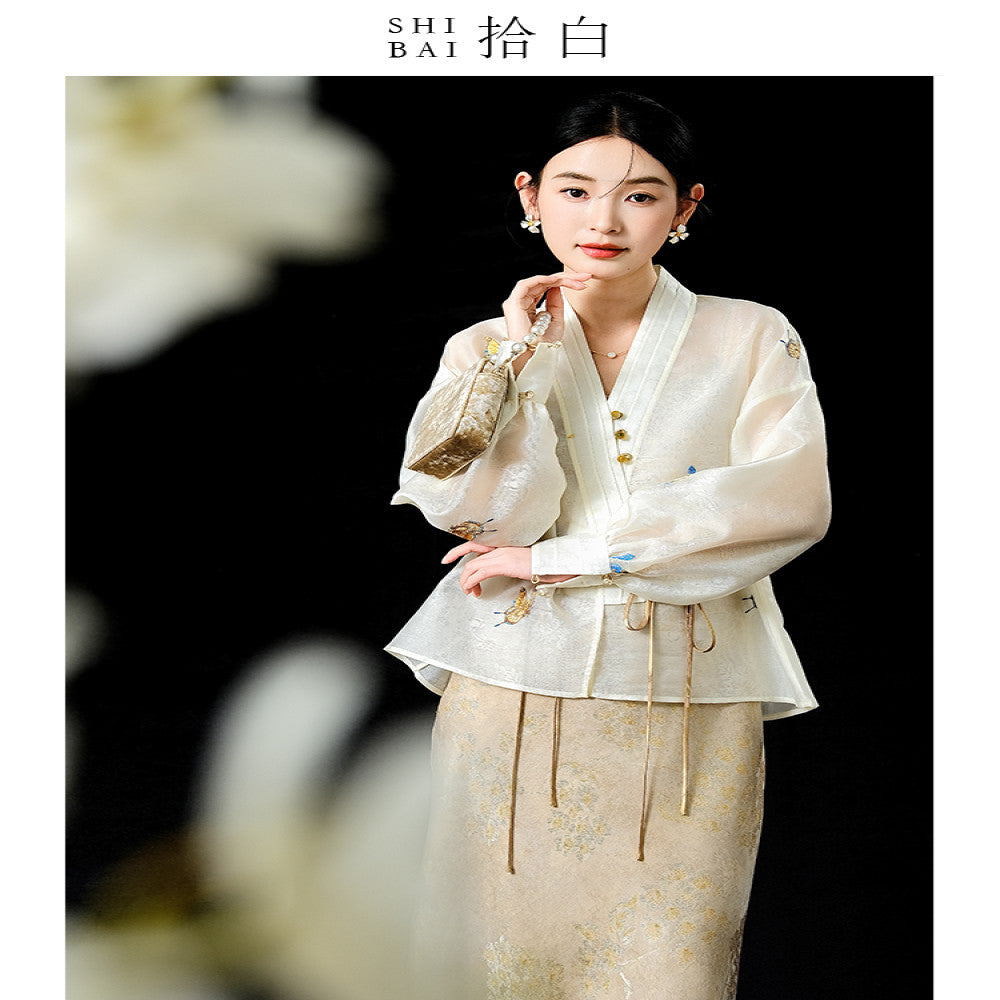 SHIBAI innovative Chinese two piece set of silk blended embroidery with gold jacquard suspender skirt set image 3