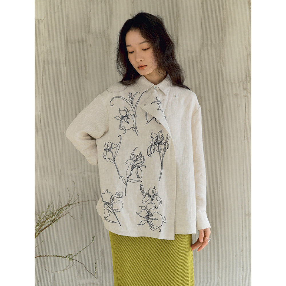 Xiaolu Miya Iris original new Chinese linen embroidery long sleeved two wear shirt spring and summer image 9