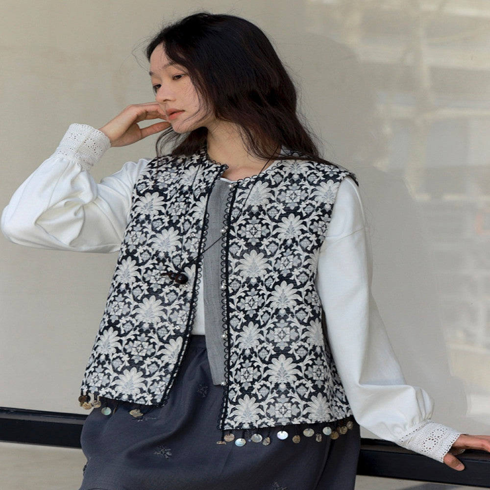 Xiaolu Miya Flower series original new Chinese shell lace heavy jacquard vest spring image 4