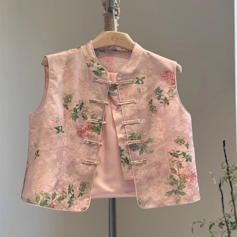 Pink new Chinese style vest with satin print high end feel stand up collar improvement Tang style young vest Chinese style spring and autumn thin image 2