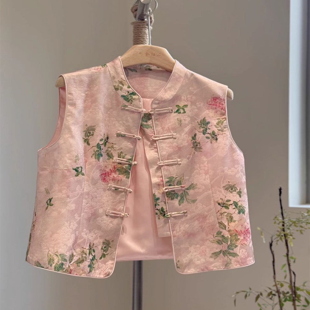 Pink new Chinese style vest with satin print high end feel stand up collar improvement Tang style young vest Chinese style spring and autumn thin image 3