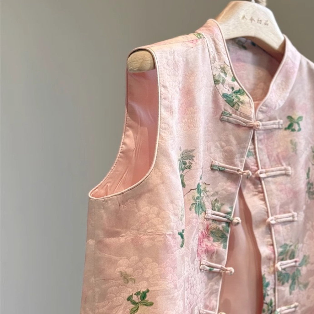 Pink new Chinese style vest with satin print high end feel stand up collar improvement Tang style young vest Chinese style spring and autumn thin image 4