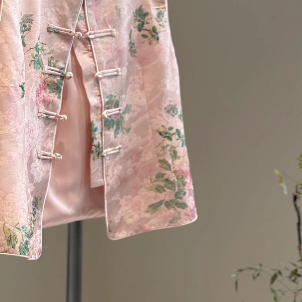 Pink new Chinese style vest with satin print high end feel stand up collar improvement Tang style young vest Chinese style spring and autumn thin image 5