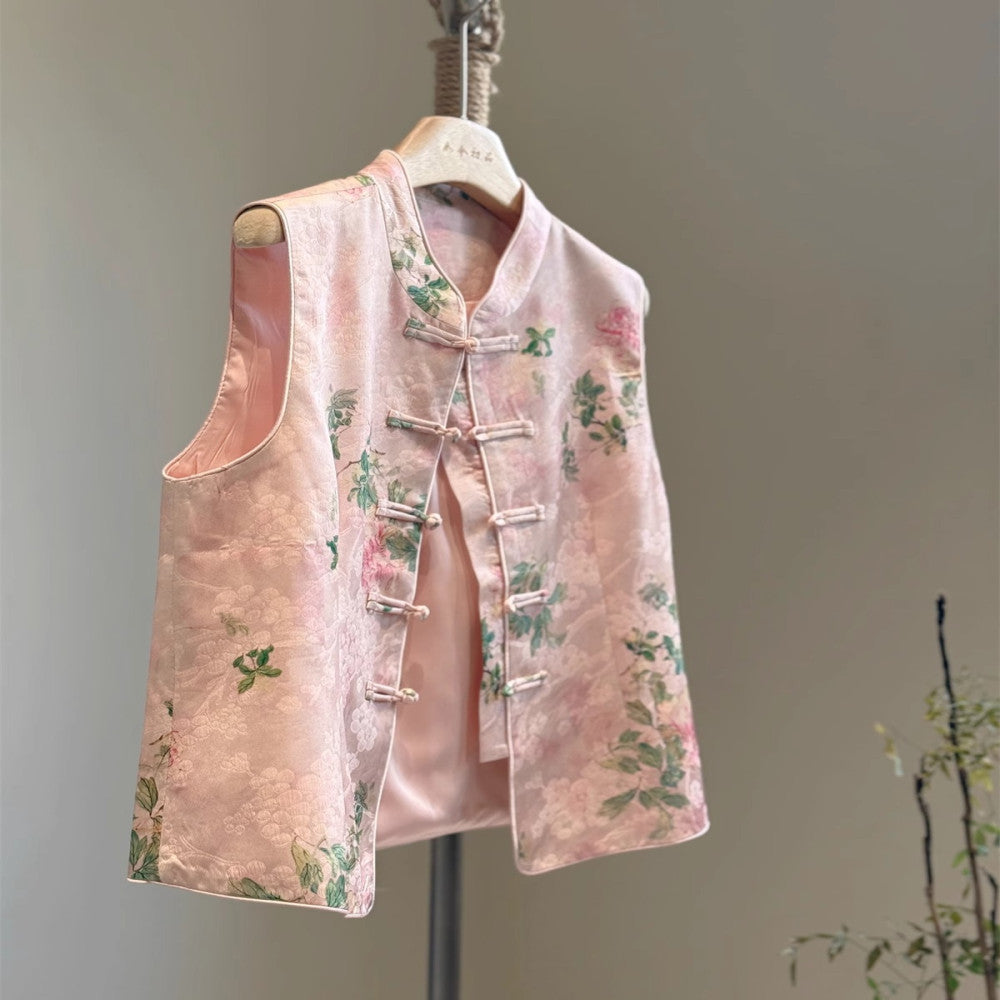 Pink new Chinese style vest with satin print high end feel stand up collar improvement Tang style young vest Chinese style spring and autumn thin image 8