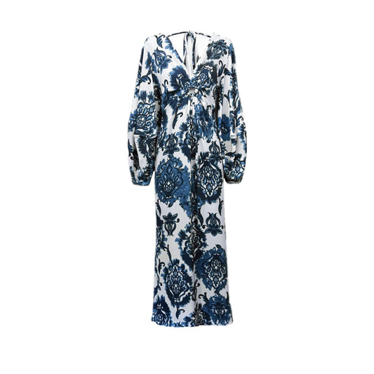 ASAYA4354 - Blue & White Satin Lantern Sleeve Dress 💙🌿