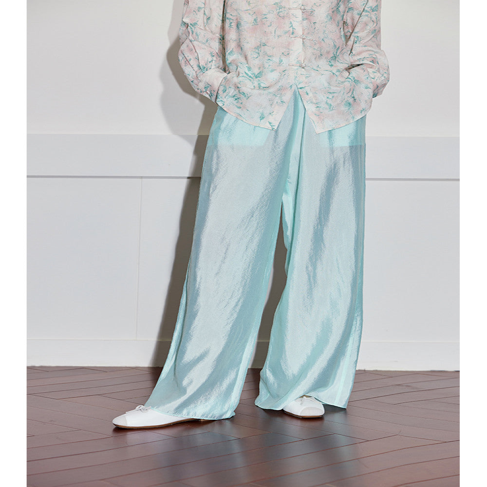 ASAYA4353 - Sweet pink long-sleeved shirt with front buttons and a set of blue satin pants.