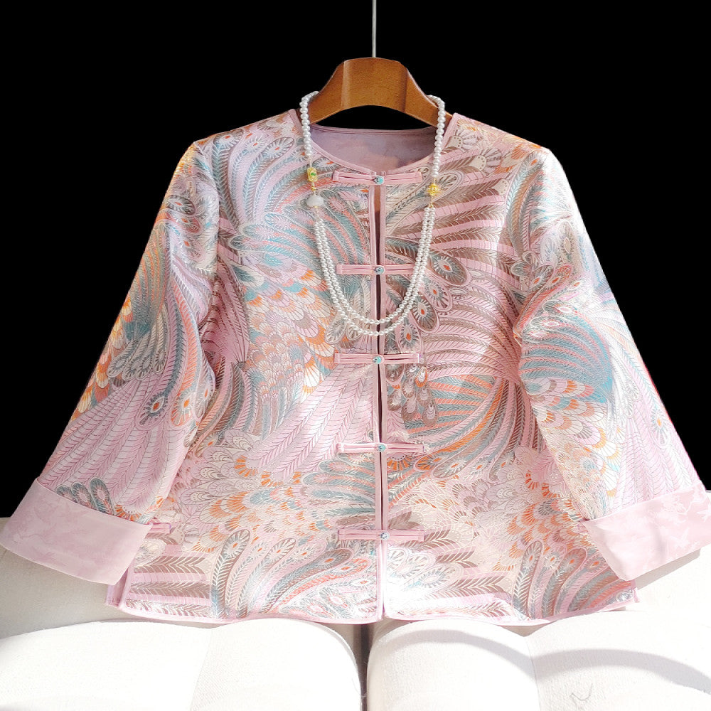 Pink retro jacquard woven satin Chinese style short jacket for women s autumn and winter new style temperament round neck new Chinese style button top image 0