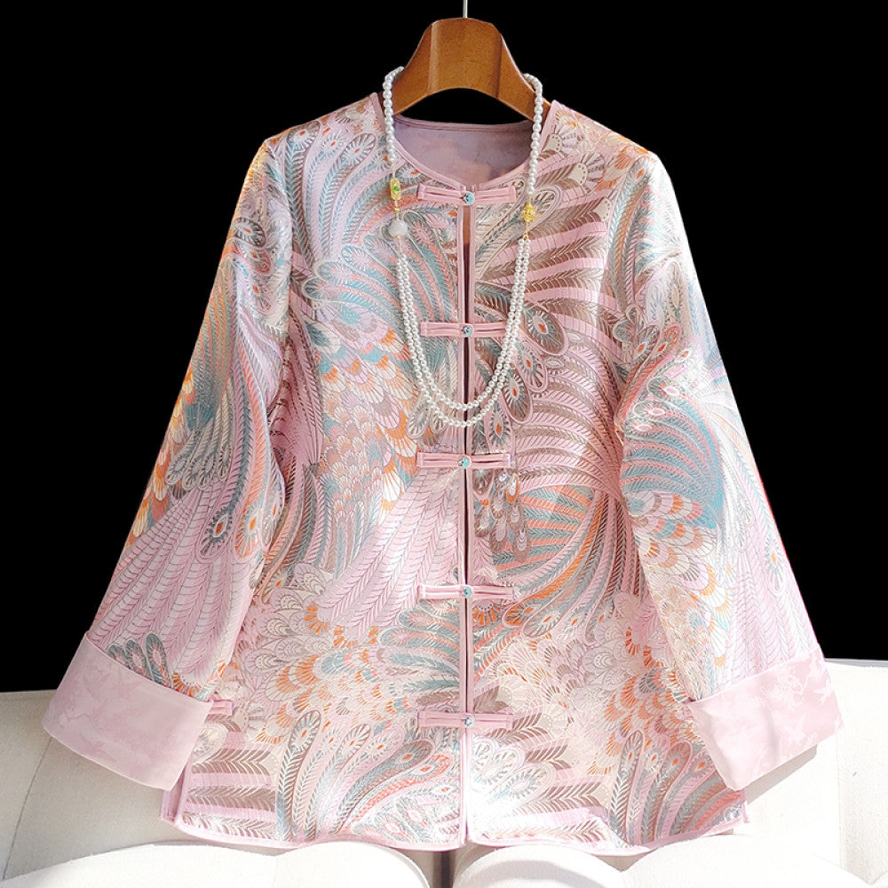 Pink retro jacquard woven satin Chinese style short jacket for women s autumn and winter new style temperament round neck new Chinese style button top image 6