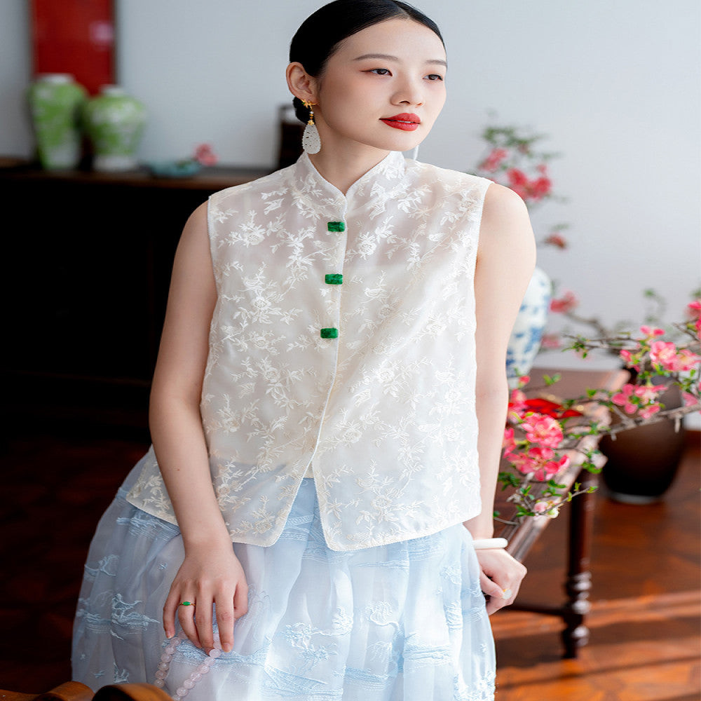2025 New Product CPP1509 Silk Organza Embroidered Vest New Chinese Retro Round Neck Fairy Vest Spring and Summer image 1