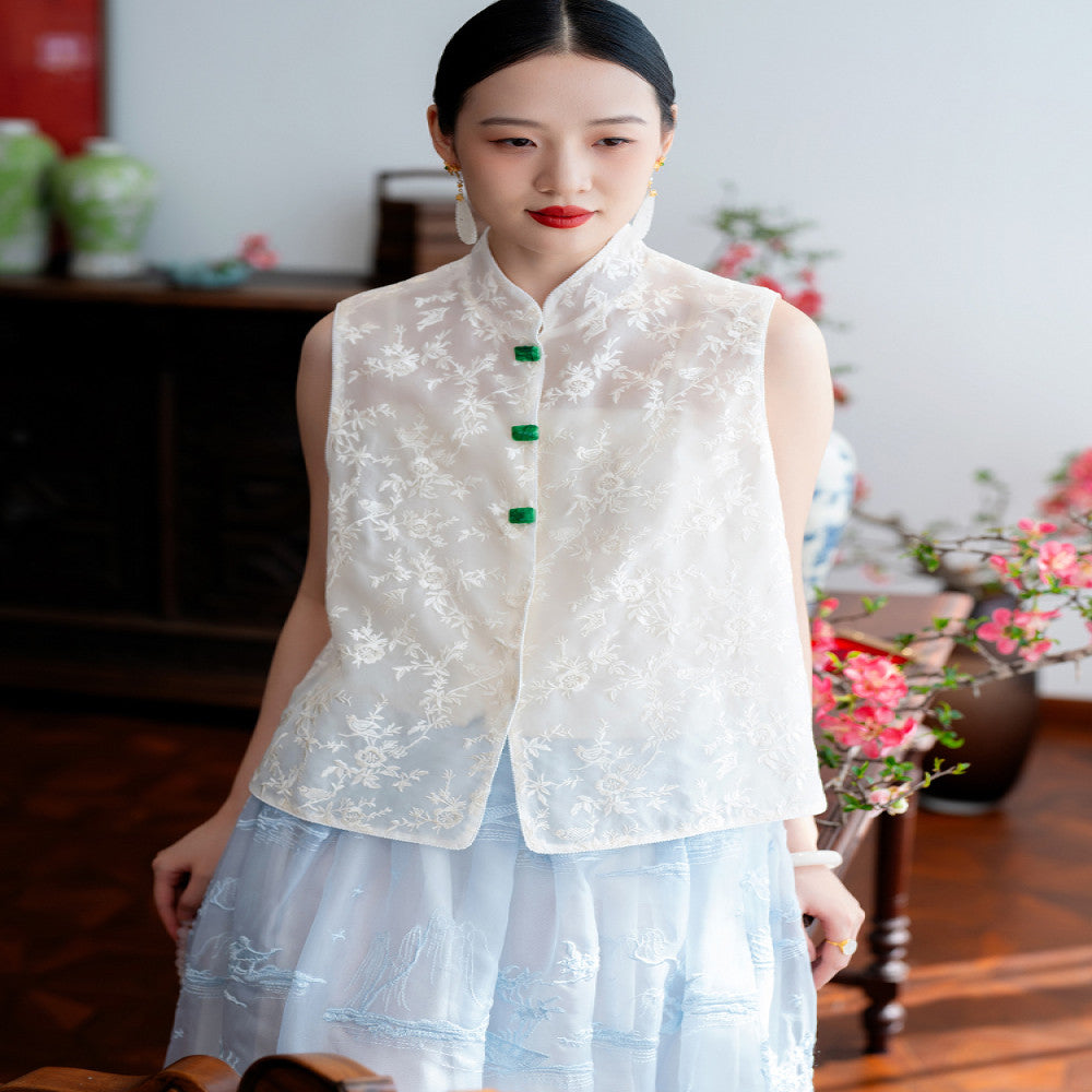 2025 New Product CPP1509 Silk Organza Embroidered Vest New Chinese Retro Round Neck Fairy Vest Spring and Summer image 2
